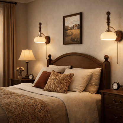 Vintage Wandlamp Met Trekkoord, Walnoot Houten Wandplaat En Opaalglazen Kap