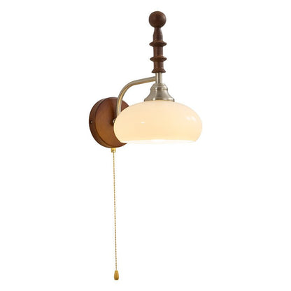 Vintage Wandlamp Met Trekkoord, Walnoot Houten Wandplaat En Opaalglazen Kap